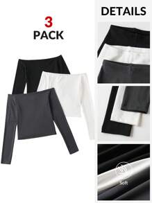 SHEIN BASICS 3 件套休闲纯色针织长袖露肩修身女上衣，舒适别致，日常通勤，修身百搭 - 彩色 - 查看 8