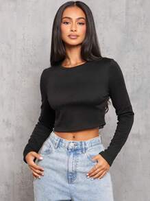 SHEIN PETITE 2 Packs Of Composite Velvet Thermal Lined Fabric Casual And Simple Round Neck Long Sleeve Tight Cropped Women's T-Shirt Suitable For Autumn And Winter