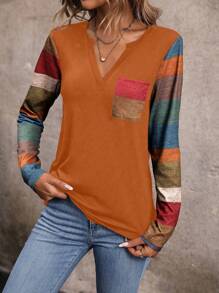 SHEIN LUNE Random Printed Notch Neck Pocket Contrast Color Casual Long Sleeve T-Shirt - Multicolor - View 6