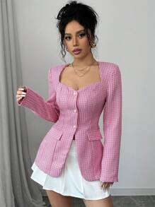 Chiquease 女士休闲针织鸡心领长袖单排扣西装外套 - 粉色 - 查看 1