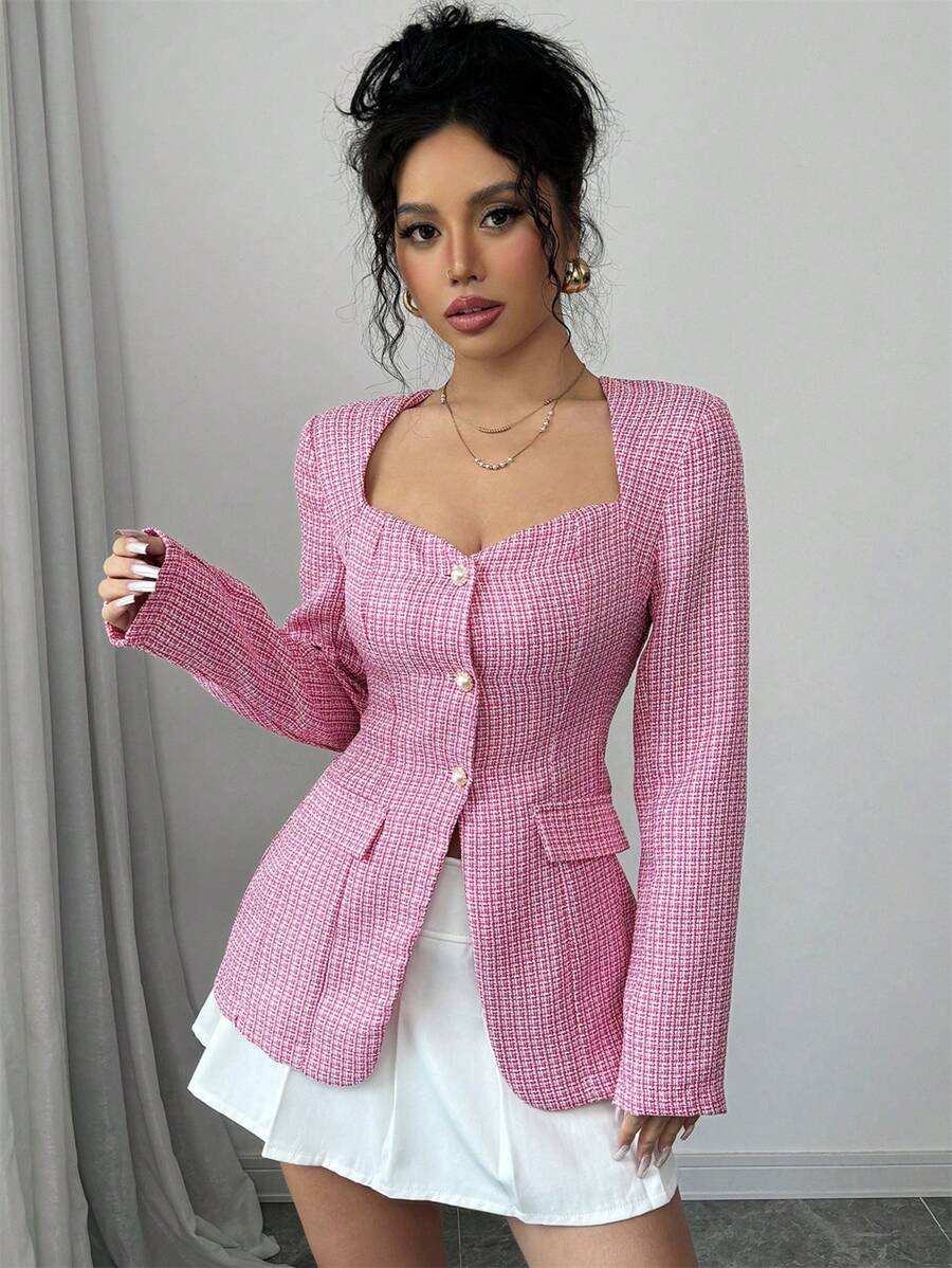 Chiquease 女士休闲针织鸡心领长袖单排扣西装外套 - 粉色 - 查看 1