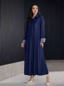 Al Najma 女士翻领休闲宽松直筒连衣裙、办公室/日常服装、穆斯林时尚长裙 - 藍色 - 查看 4