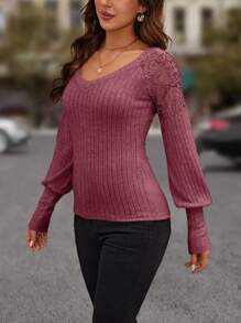 SHEIN LUNE 休闲纯色蕾丝拼布长袖 T 恤，秋季