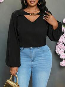 Slaydiva Women Elegant Commuting & Casual Loose Solid Black Hollow V-Neck Metal Decor Lantern Sleeve Blouse, Lightweight Woven Fabric, Plus Size Regular Shirt, Spring & Autumn