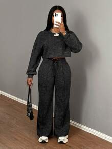Slaydiva 2pcs Women Streetwear Oversized Snowflake Print Sweatsuit,Fall/Winter - Grey - View 6
