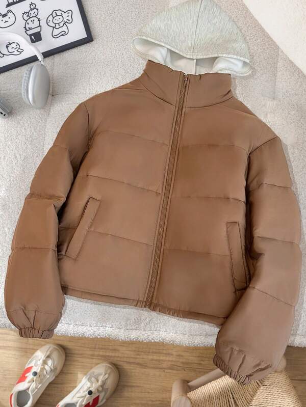 SHEIN Veste à capuche zippée en 2 en 1 à l'allure décontractée, sportive et collégiale, pour fille adolescente. Look automne-hiver brun, style streetwear matelassé, chaud et thermique pour l'entraînement