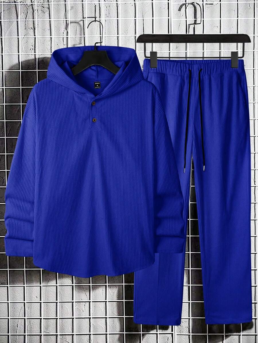 Manfinity Homme 男士纯色长袖前扣简约连帽上衣和裤子休闲两件套 - 藍色 - 查看 1