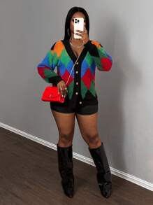 Slaydiva New Winter Contrast Color Knitted Cardigan, Casual Streetwear For Valentine's, New Year, Party, Daily Wear
