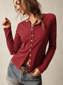 Bohemela 女士休闲纯色针织圆领长袖 T 恤 - 紅色 - 查看 6