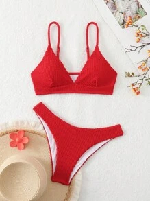 Swim Basics 2-Piece Simple Solid Swimwear For Vacation & Beach Summer - Red - View 1