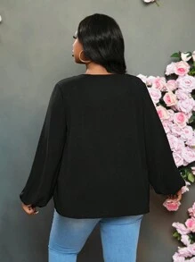 Slaydiva Women Elegant Commuting & Casual Loose Solid Black Hollow V-Neck Metal Decor Lantern Sleeve Blouse, Lightweight Woven Fabric, Plus Size Regular Shirt, Spring & Autumn