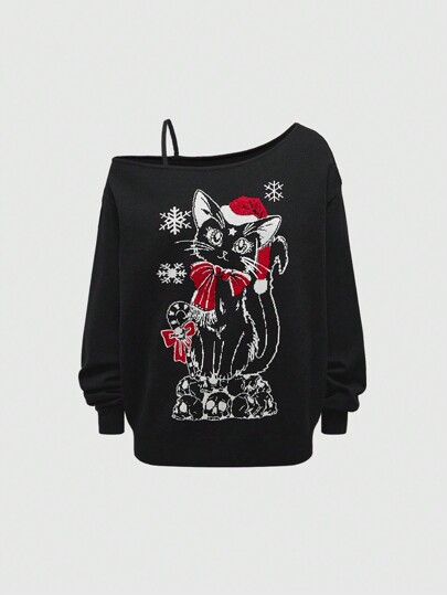 Goth Pull oversize et confortable en tricot jacquard gothique avec col asymétrique pour femmes, pull de Noël