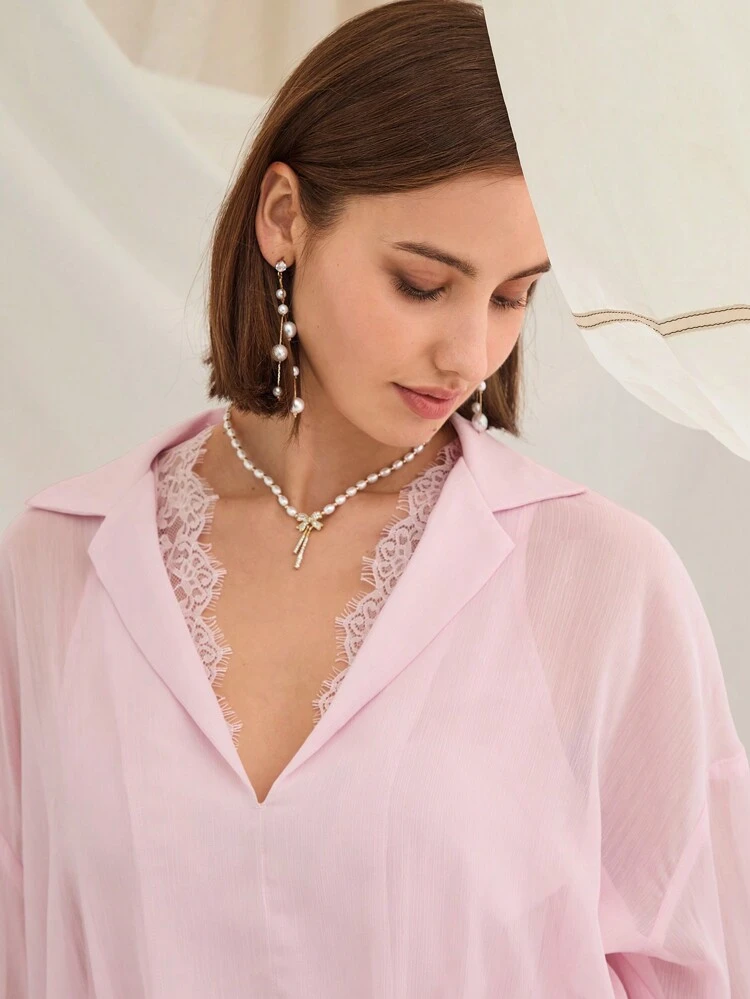 봄/겨울 낭만적인 여성 핑크 카울 레이스 네크 드롭 숄더 긴 소매 레이어드 러플 헴 미니 드레스, 발렌타인데이&크리스마스 파티&신년&생일&휴일&달콤한 데이트 밤&일상 출퇴근을 위한 달콤하고 우아한 의상