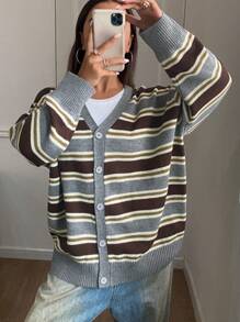 DAZY Loose Contrast Stripe V-Neck Cardigan For Women - Grey - View 3