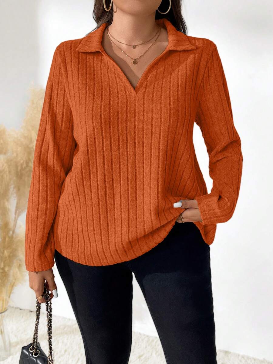 Plus Size V-Neck Solid Long Sleeve T-Shirt, Simple Stylish Fall Cloth For Women