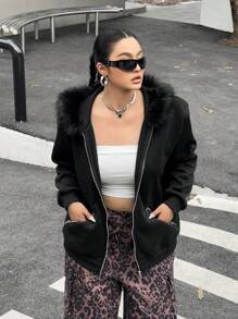 Flirla Plus Size Women Fluffy Trim Sweatshirt Jacket With Pockets And Zipper, For Winter - Black - View 3
