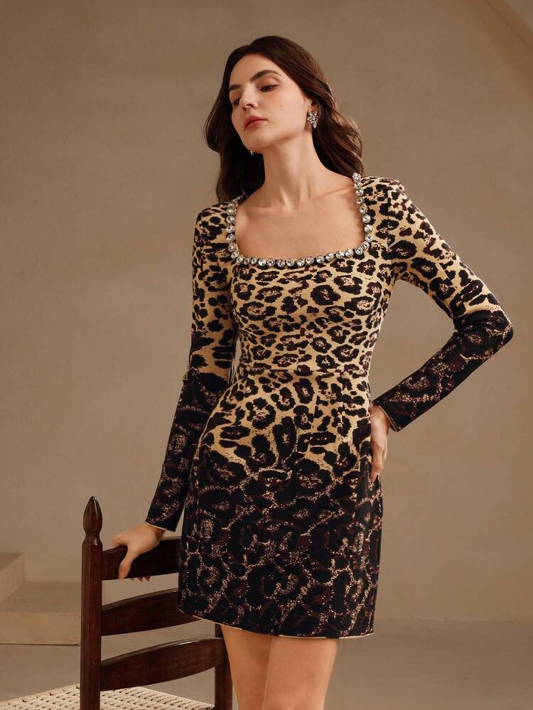 Women's Elegant Leopard Ombre Square Neck Rhinestone Mini Dress