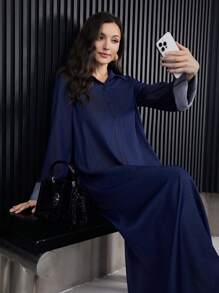 Al Najma 女士翻领休闲宽松直筒连衣裙、办公室/日常服装、穆斯林时尚长裙 - 藍色 - 查看 3