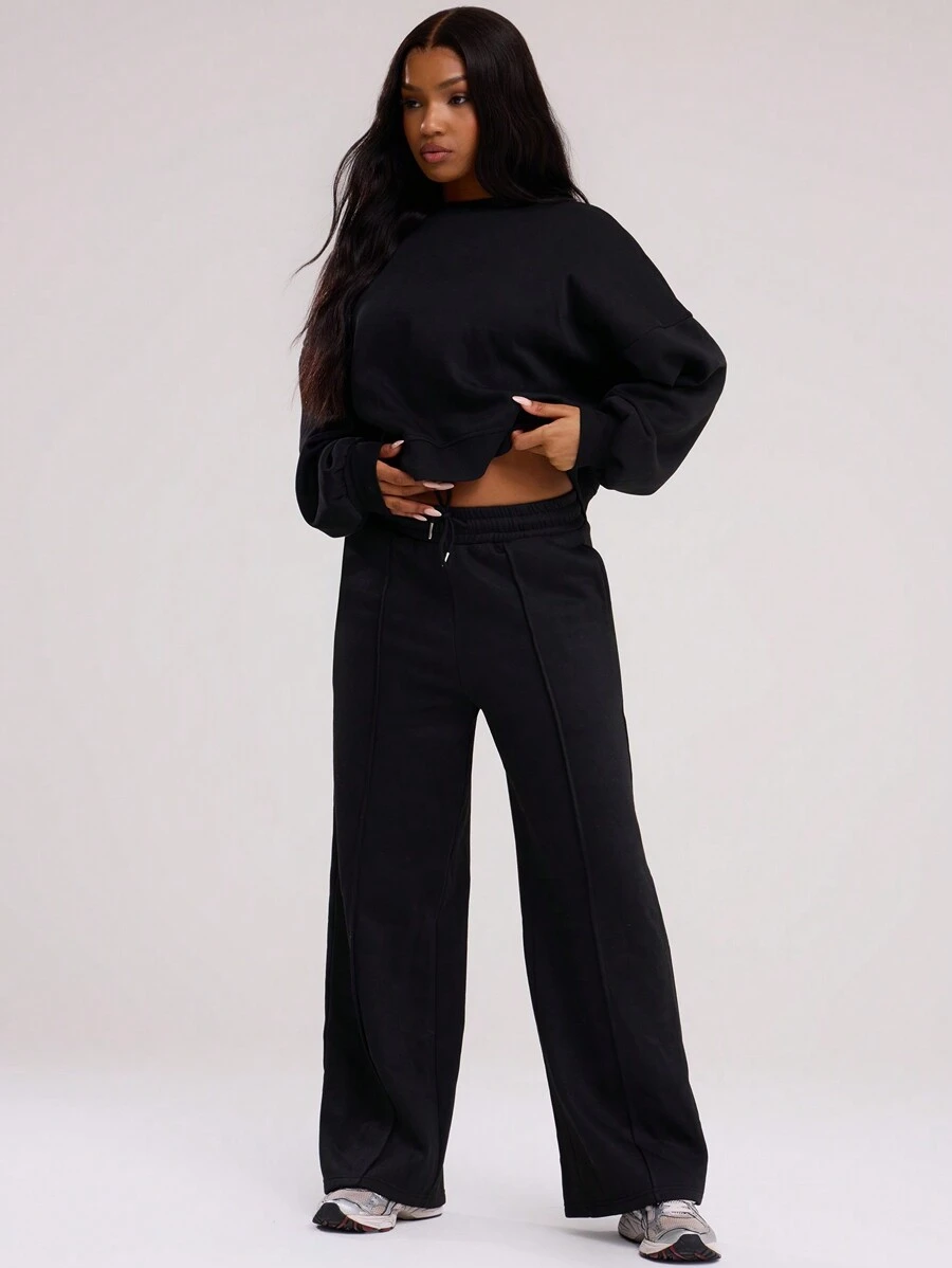 MUSERA Pin-Tuck Detail Wide Leg Sweatpants Vacation Airport Casual Winter - Black - View 1