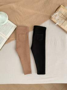 SHEIN LMoss Kids LMoss 男女通用保暖内衬紧身裤，黑色和卡其色，适合户外、派对、运动等，秋冬季 - 黑色 - 查看 3