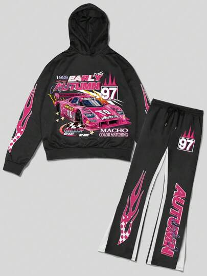Street Life طقم هودي وبنطلون رياضي للرجال بطباعة حرف السيارة ، بطراز شارع عتيق