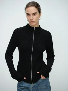 SHEIN Clasi Women's Solid Color Long Sleeve Zipper Closure Casual Cardigan, Autumn/Winter