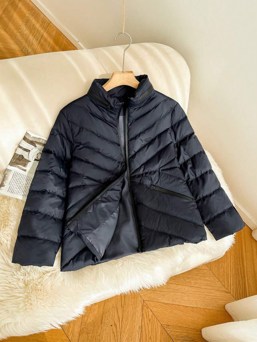 SHEIN Frenchy 大码女式纯色拉链长袖夹棉外套，冬季 - 藍色 - 查看 1