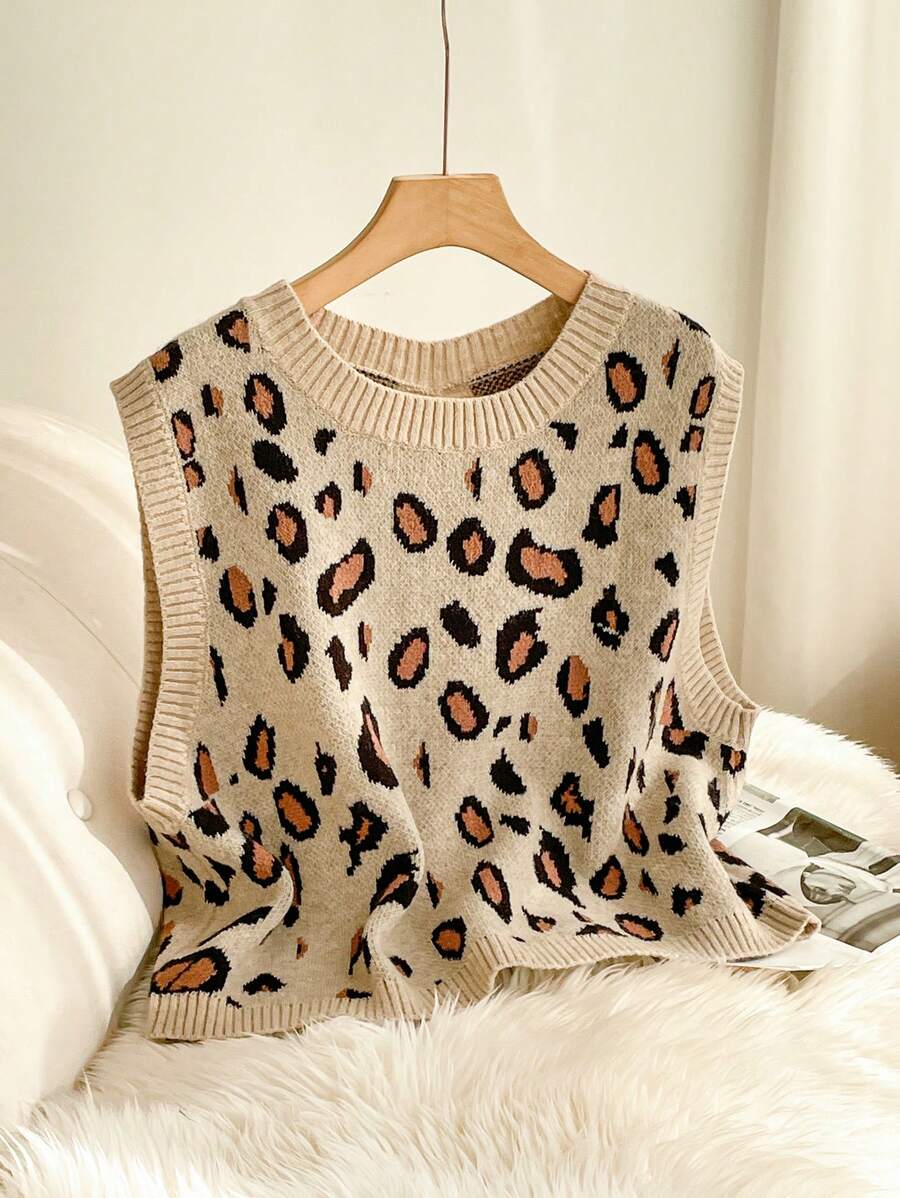 SHEIN Frenchy 女式大码豹纹圆领无袖休闲针织上衣，秋冬