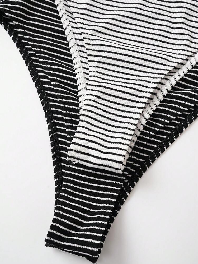 SHEIN BASICS 2 件套休闲针织条纹露背长袖紧身女式连体衣 - 彩色 - 查看 7