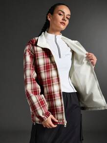 Exploreva Damen Wendbarer Karomuster Stehkragen Locker Lässige Sportjacke, Langarm