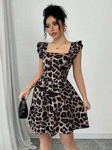 Breezaya Random Leopard Print Lace-Up Backless Ruffle Hem Dress