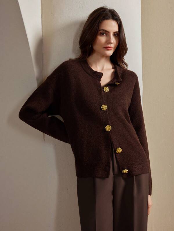 Anewsta Women's Casual Asymmetrical Button Crew Neck Knit Cardigan
