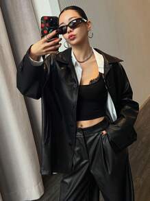 DAZY Loose Fit PU Mid-Length Women's Raglan Sleeve Casual Regular Jacket,Fall Clothes - Black - View 4