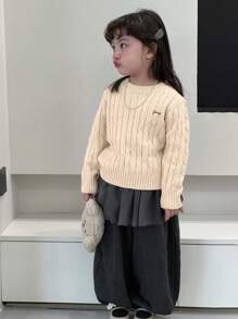 Dazy Kids 年轻女孩蝴蝶结图案圆领长袖休闲毛衣，秋冬 - 米色 - 查看 4