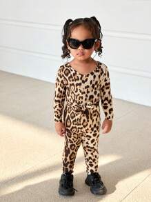 SHEIN Babygirl Snug Fit Leopard Print Long Sleeve Jumpsuit With Waistband, Cute Winter Knit - Brown - View 3