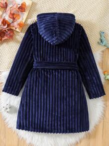 SHEIN Boys' Long Sleeve Hooded Long Robe With Texture Stripe Pattern, Warm And Comfortable Sleepwear - Royal Blue - View 2