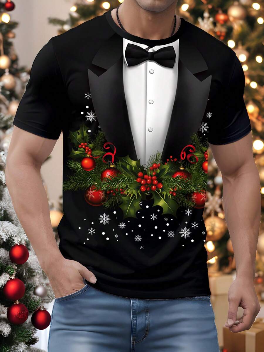 Manfinity Homme 圣诞节圣诞老人树印花红色T恤，休闲时尚男士黑色T恤 - 彩色 - 查看 1