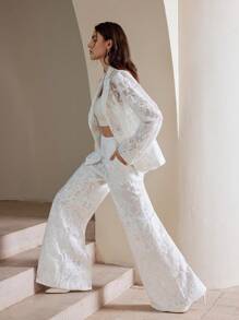 Anewsta Elegant Sheer Fabric Embroidered Sequined Translucent Blazer Suit, Autumn/Winter - White - View 7