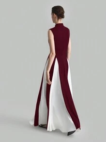 Ontre Vestido nuevo de primavera 2025 para mujer, vestido largo y holgado, vestido de cuello alto sin mangas de bloque de color, en colores vino tinto y blanco, vestido elegante para fiesta y cóctel - Burdeos - Ver 2