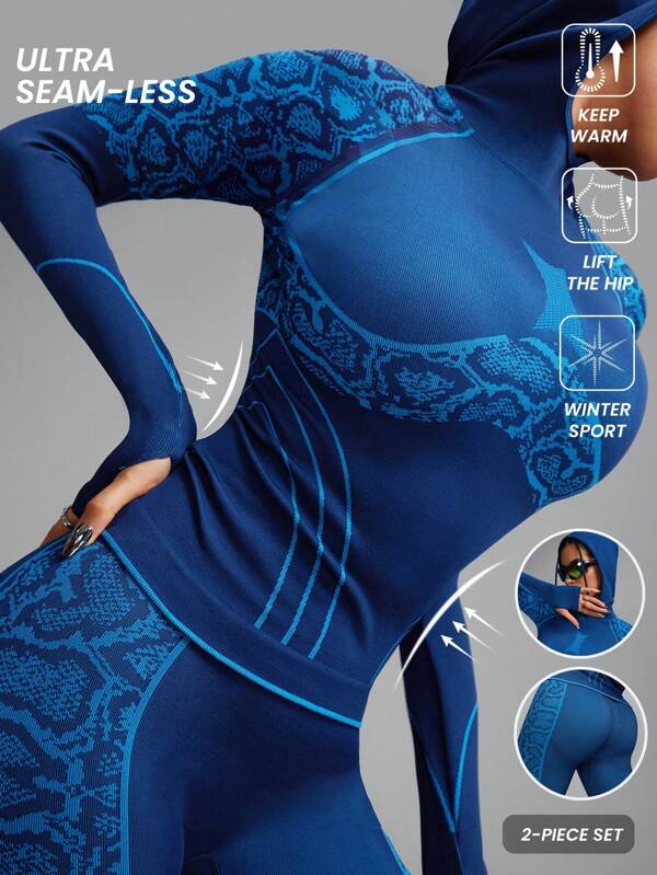 Innovista 2 pièces Ensemble de sport extérieur pour femmes avec texture 3D sans couture et serpent, sweat-shirt à capuche à dos nageur avec soutien moyen et leggings de cycliste pour l'entraînement, ensemble de sweats, ensembles extensibles, tenue d'automne et d'hiver, thermique, ski, randonnée, camping, course, entraînement, salle de sport quotidienne, ensemble bleu à manches longues pour tenues d'automne pour femmes bleu clair cool