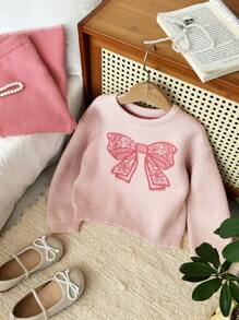 Dazy Kids 年轻女孩圆领蝴蝶结图案针织毛衣套装，秋季服装