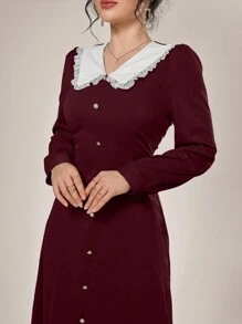 Modelyn 撞色蕾丝拼布彼得潘领长袖连衣裙酒红色长款女士装长款晚礼服 - 酒紅色 - 查看 6