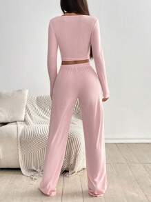 SHEIN Unity Bộ 2 áo thun dài tay cổ tròn có nút bấm phía trước cho nữ và quần ống đứng trang trí eo có nút bấm phía trước, đồ mặc nhà thường ngày, mùa thu/đông - Hồng - Xem 2