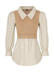 Calvaya 女士春夏条纹翻领长袖宽松休闲二合一上衣 - 卡其色 - 查看 6