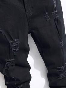 Manfinity Roughcore 男式纯色破洞口袋休闲百搭牛仔裤 - 黑色 - 查看 5