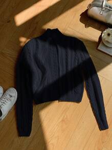 Muchica Áo len cardigan dài tay cổ đứng đan gân màu trơn cho nữ - Màu xanh hải quân - Xem 3