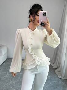 Elenzga Damen Bluse mit Knopfleiste, Rüschenkragen und Langarm, minimalistisch, für den Alltag