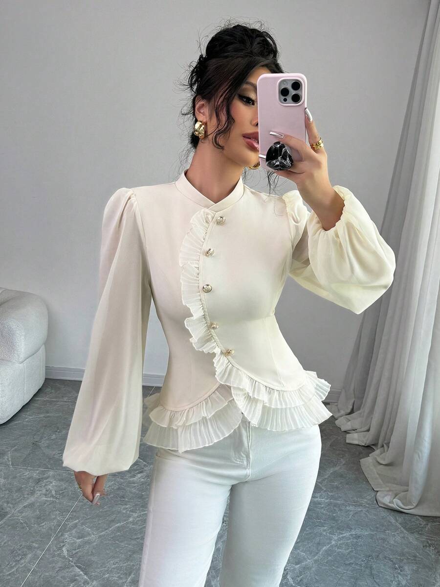 Elenzga Damen Bluse mit Knopfleiste, Rüschenkragen und Langarm, minimalistisch, für den Alltag