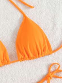 SHEIN Swim Summer Beach Solid Halter Micro Triangle Bra & Thong Bottom 2 Piece Bathing Suit - Orange - View 3