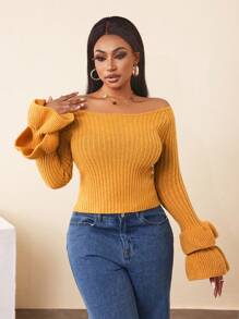 Zolique Blusa feminina de tricô de manga comprida e modelagem flare na cor damasco, estilo sexy e ajustado para ocasiões casuais, ideal para outono/inverno. - Damasco - Ver 6